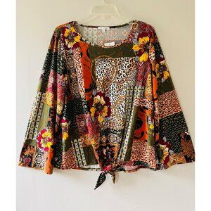 Dressbarn Sz XL Tunic Multicolor Patchwork Tie Waist Stretch Pullover Long Sleev